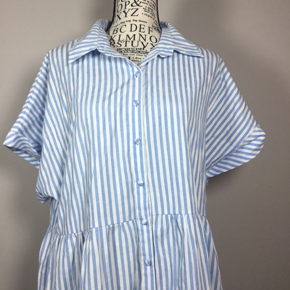 Light blue & white striped button down summer dress shirt sleeve tiered skirt L - Picture 2 of 8